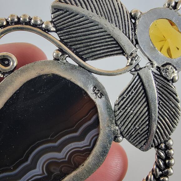 Handmade Silver Pendant with Black Banded Agate & Citrine in Leaf Motif Setting - Picture 4 of 9